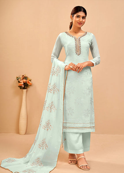 Sky Blue Embroidered Pant Sytle Suit