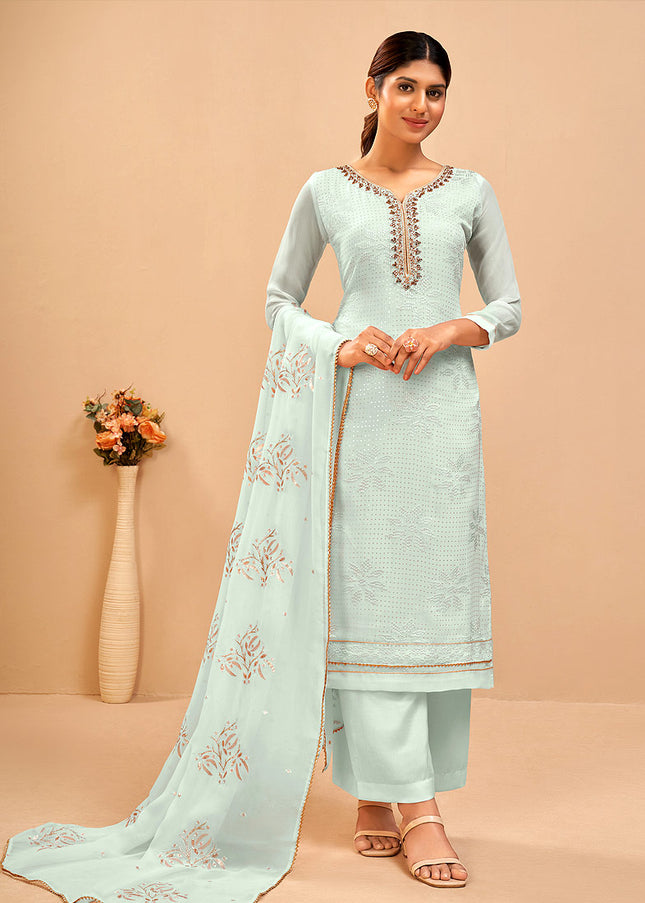 Sky Blue Embroidered Pant Sytle Suit