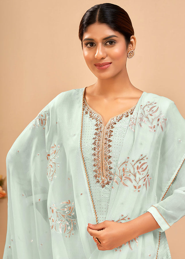 Sky Blue Embroidered Pant Sytle Suit