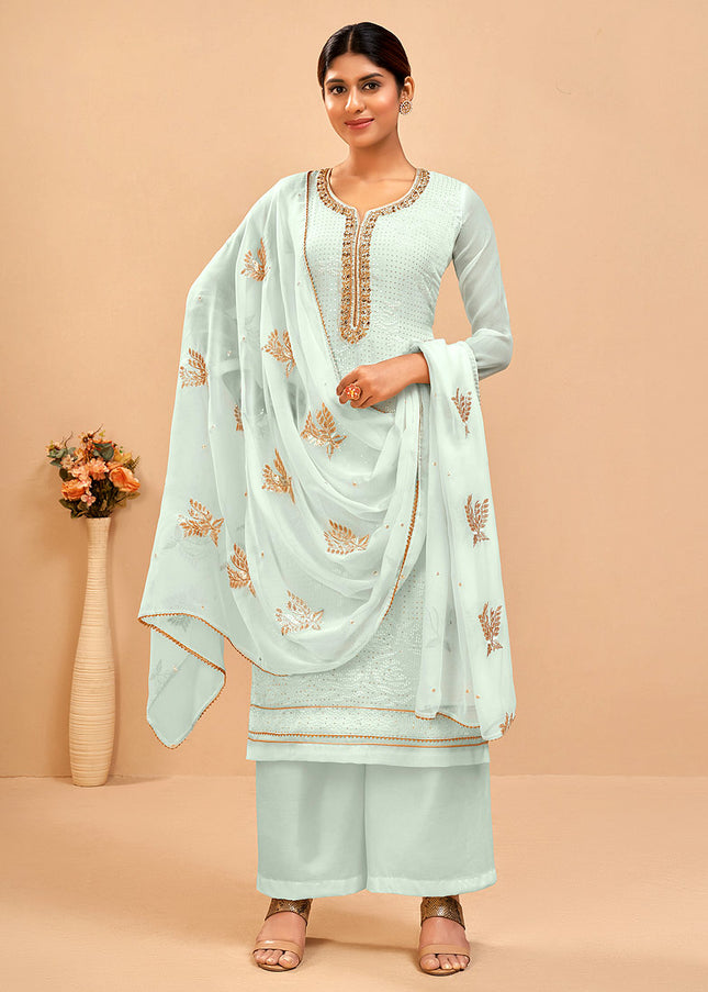 Sky Blue Embroidered Pant Sytle Suit