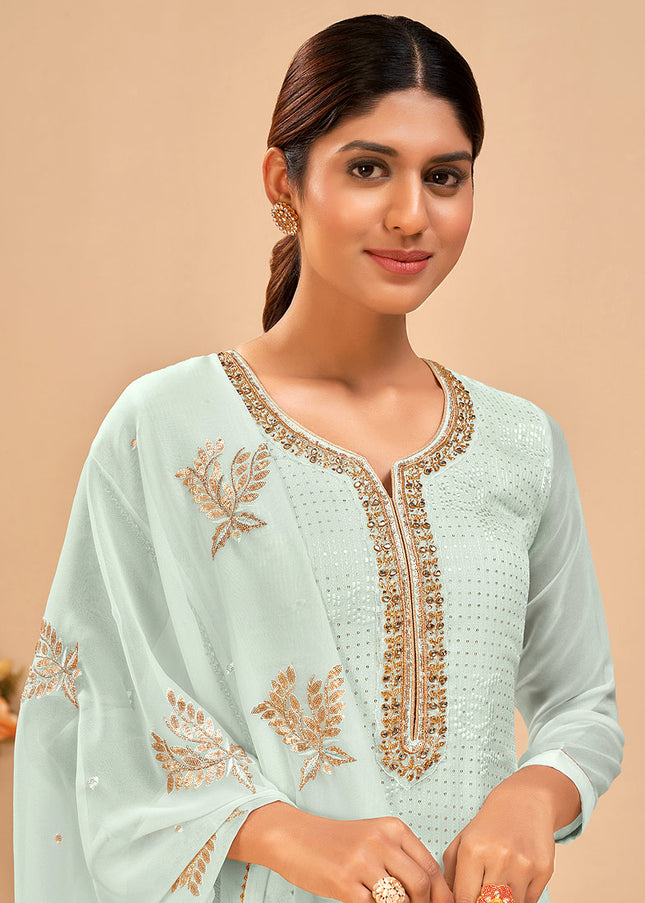 Sky Blue Embroidered Pant Sytle Suit