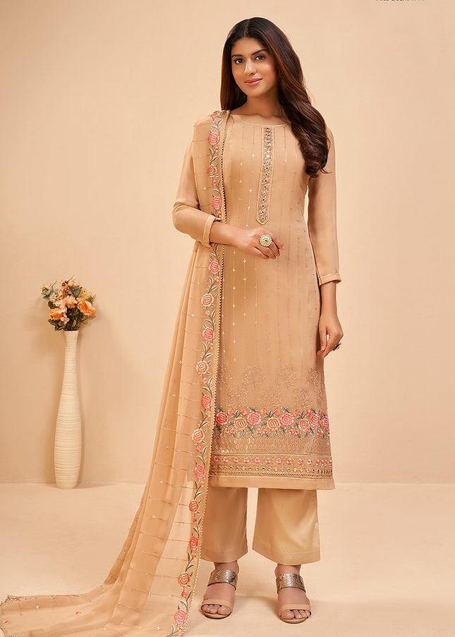 Beige Floral Embroidered Pant Style Suit