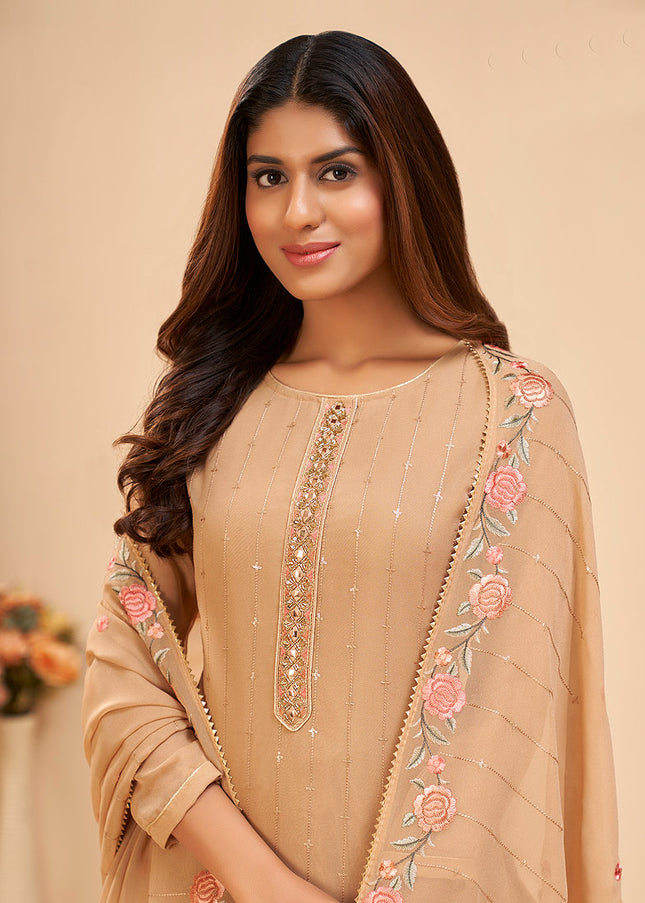 Beige Floral Embroidered Pant Style Suit