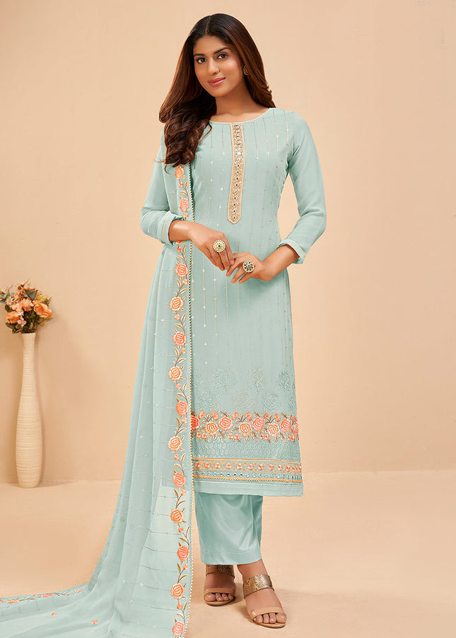 Light Blue Floral Embroidered Pant Style Suit