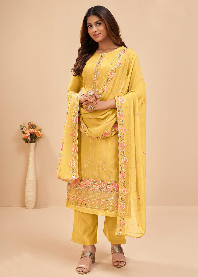 Yellow Floral Embroidered Pant Style Suit