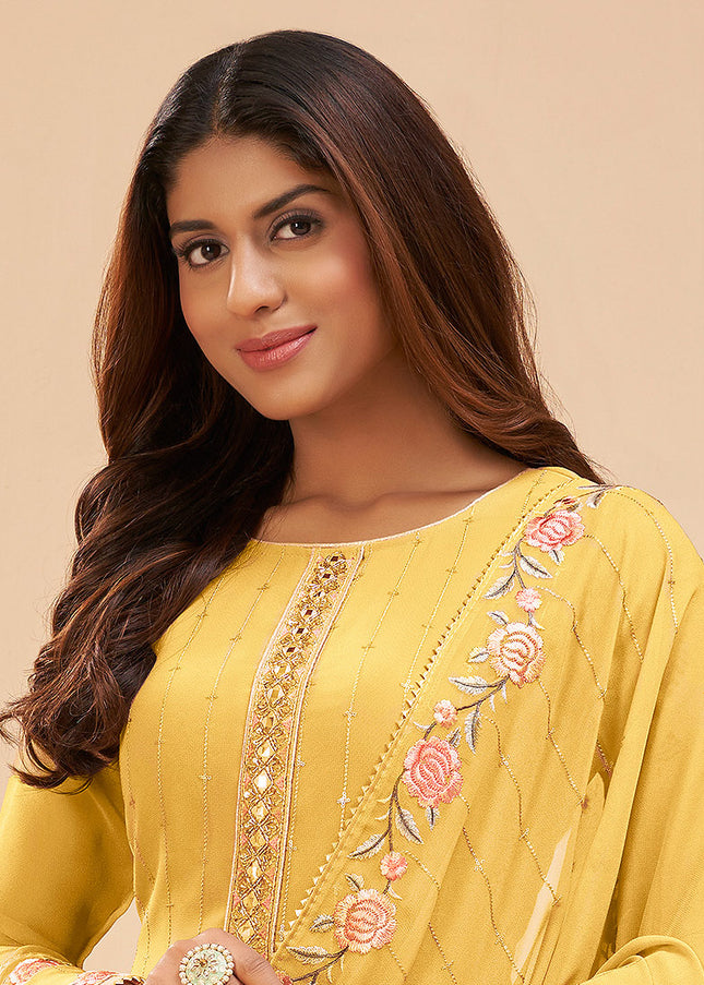 Yellow Floral Embroidered Pant Style Suit