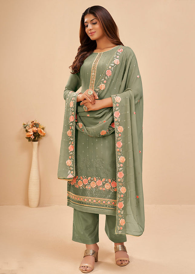 Dusty Green Floral Embroidered Pant Style Suit