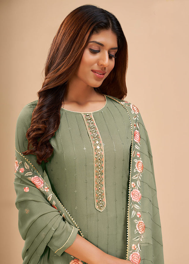 Dusty Green Floral Embroidered Pant Style Suit