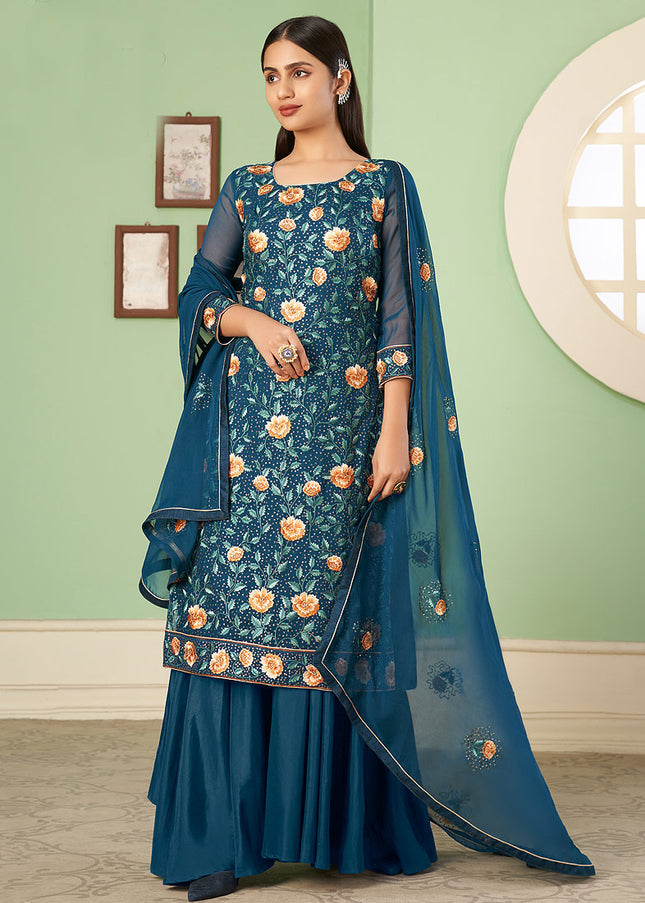 Blue Floral Embroidered Palazzo Suit
