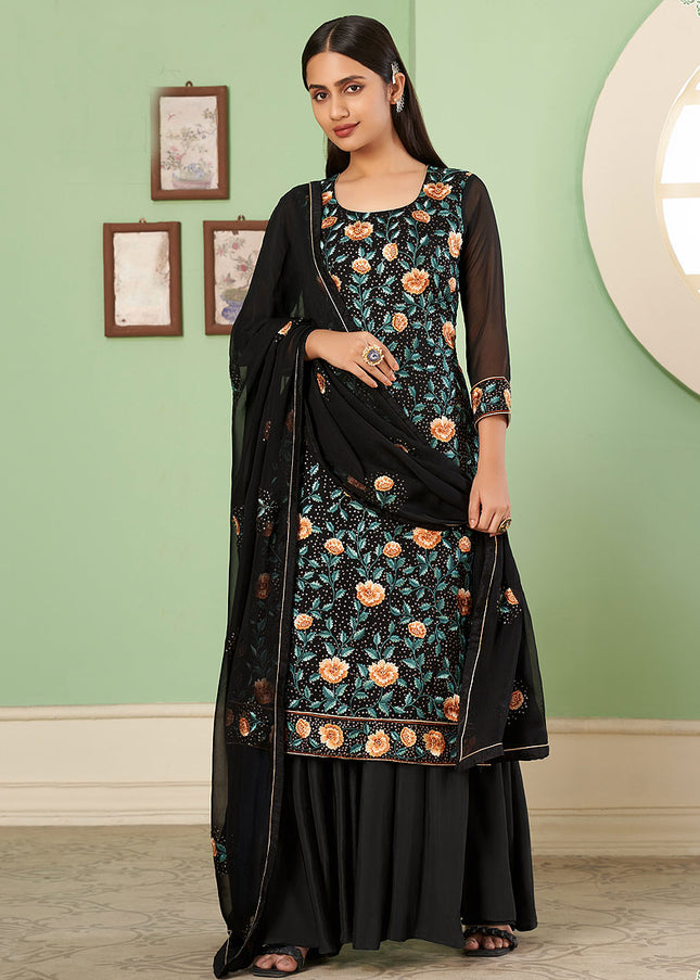 Black Floral Embroidered Palazzo Suit