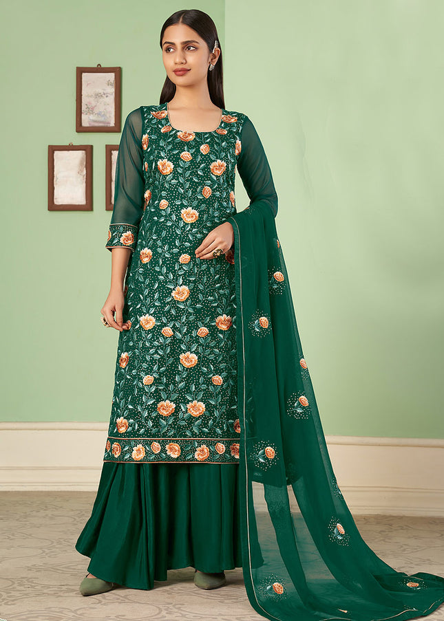 Green Floral Embroidered Palazzo Suit