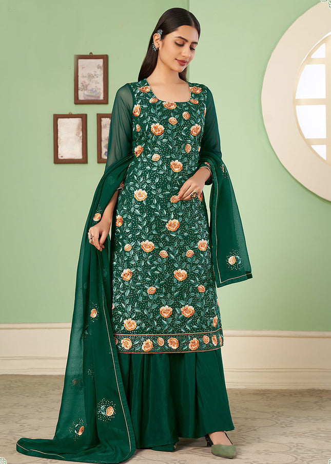 Green Floral Embroidered Palazzo Suit