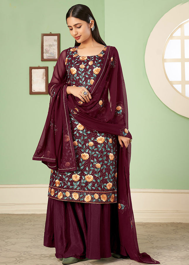 Maroon Floral Embroidered Palazzo Suit