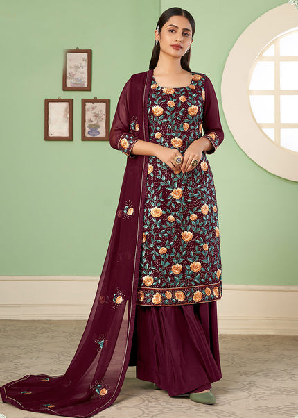 Maroon Floral Embroidered Palazzo Suit