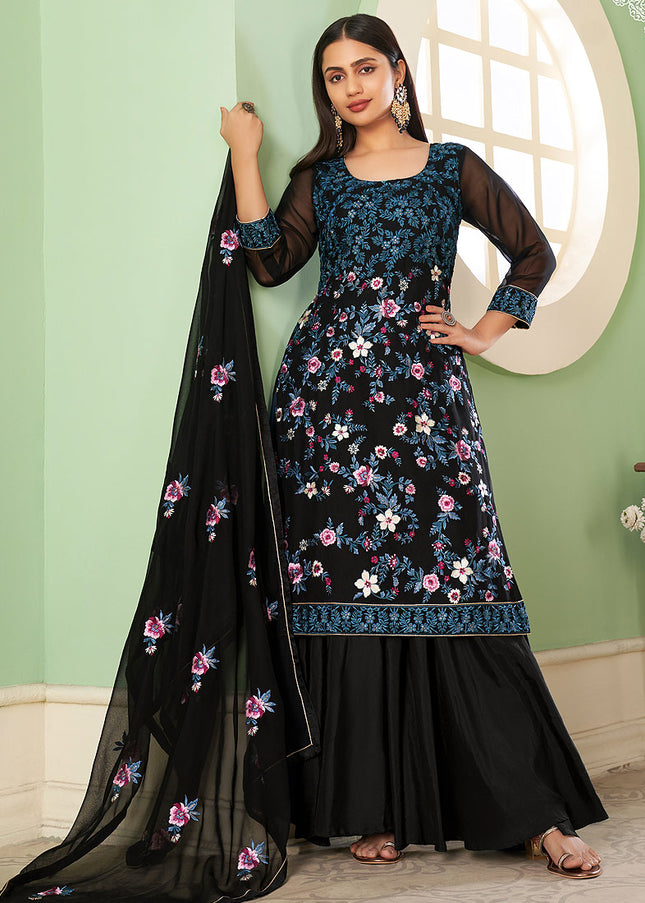 Black Floral Embroidered Palazzo Suit