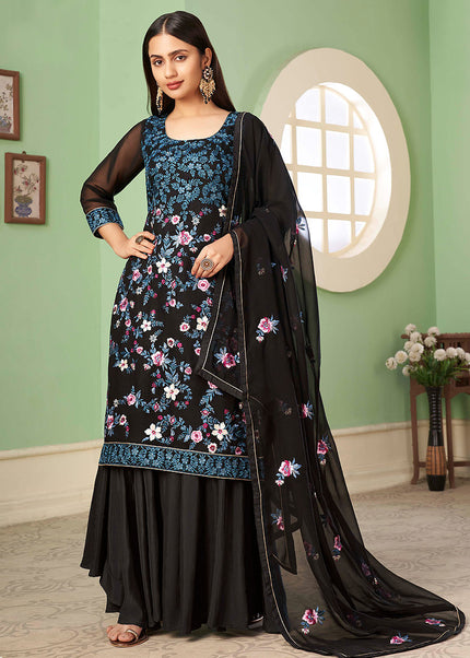 Black Floral Embroidered Palazzo Suit