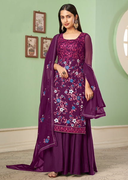 Magenta Floral Embroidered Palazzo Suit