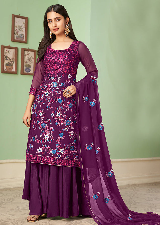 Magenta Floral Embroidered Palazzo Suit