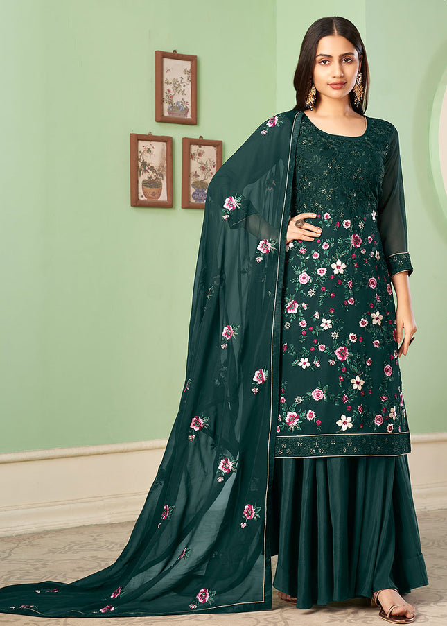 Green Floral Embroidered Palazzo Suit