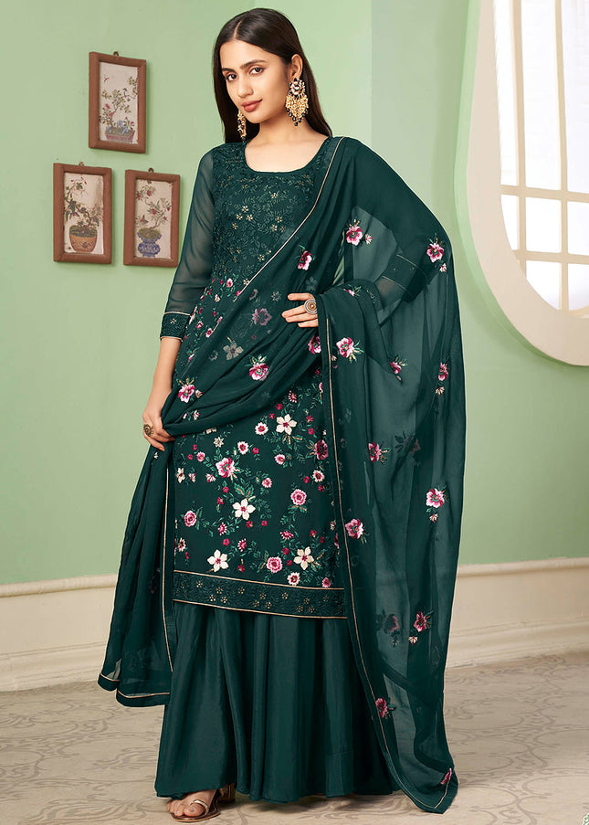 Green Floral Embroidered Palazzo Suit