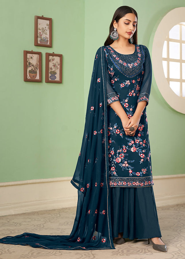 Blue Floral Embroidered Palazzo Suit