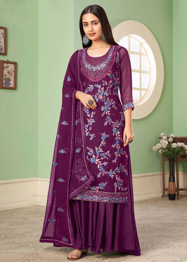 Magenta Floral Embroidered Palazzo Suit