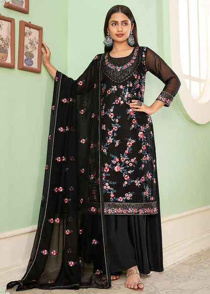 Black Floral Embroidered Palazzo Suit