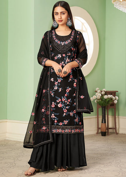 Black Floral Embroidered Palazzo Suit