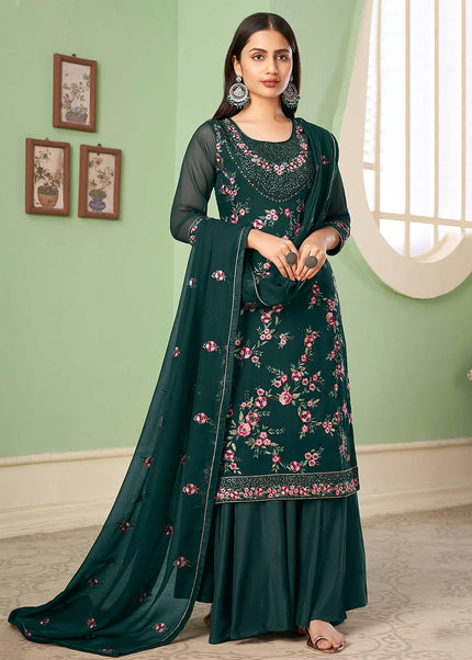 Green Floral Embroidered Palazzo Suit