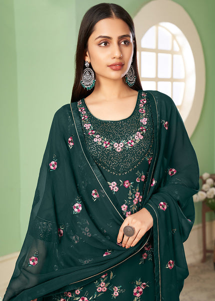 Green Floral Embroidered Palazzo Suit