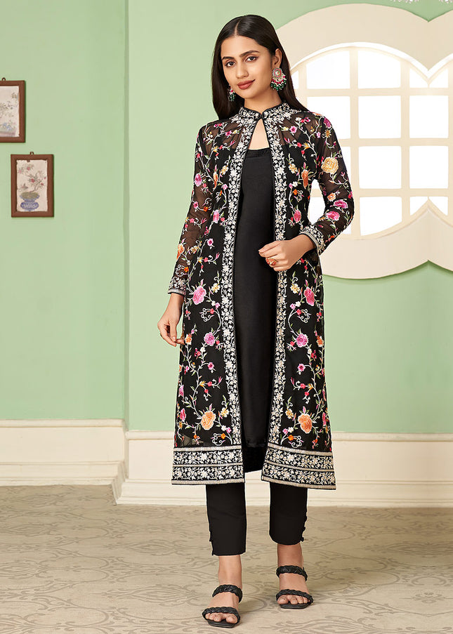 Black Floral Embroidered Jacket Style Suit