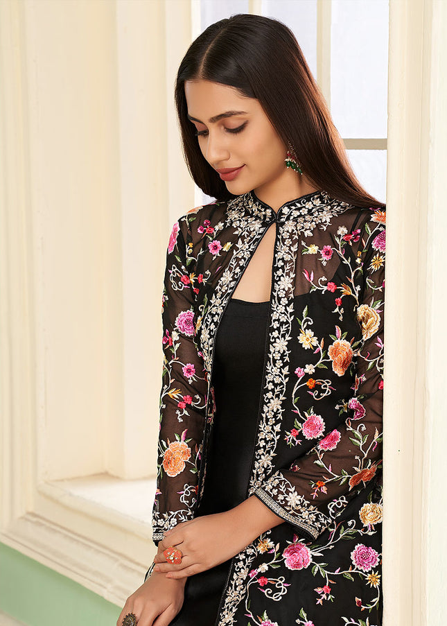 Black Floral Embroidered Jacket Style Suit