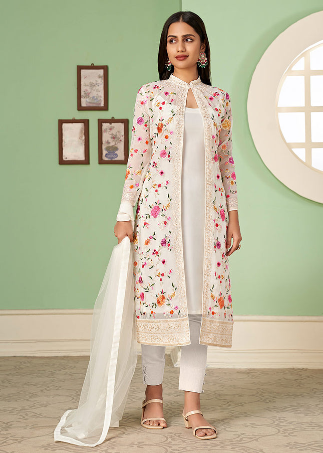 Offwhite Floral Embroidered Jacket Style Suit