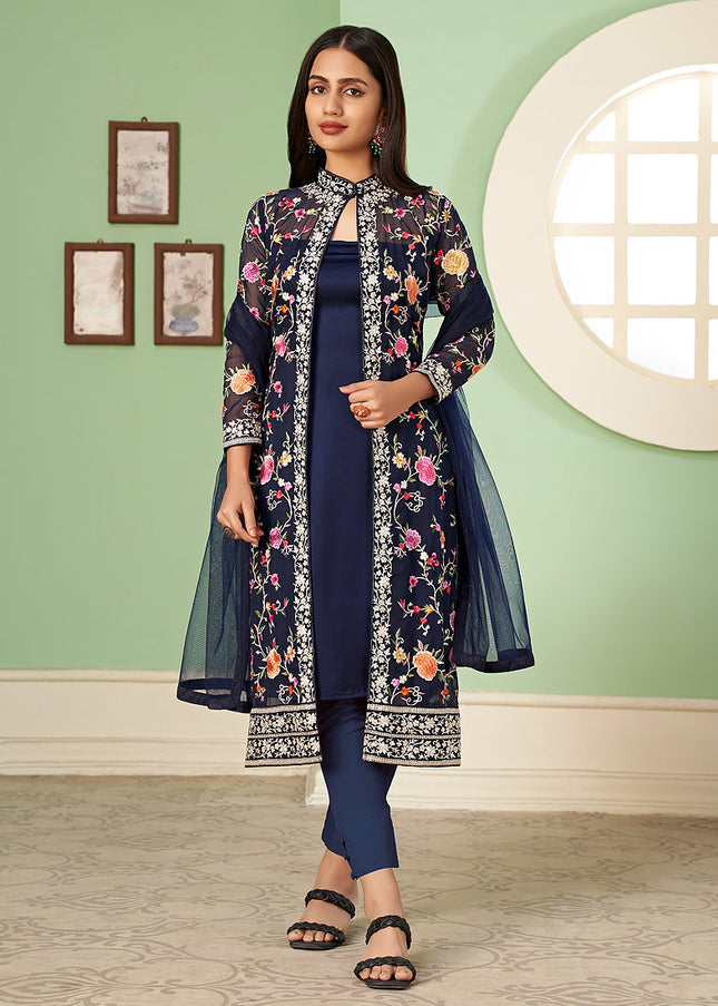 Blue Floral Embroidered Jacket Style Suit