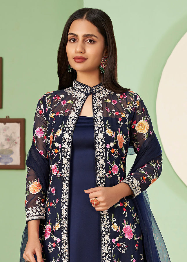 Blue Floral Embroidered Jacket Style Suit