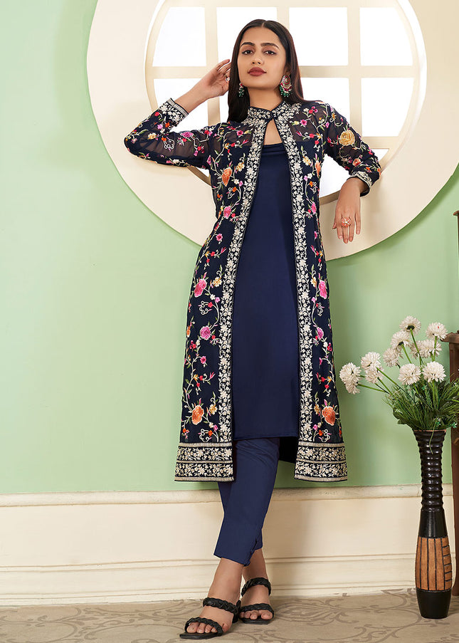 Blue Floral Embroidered Jacket Style Suit