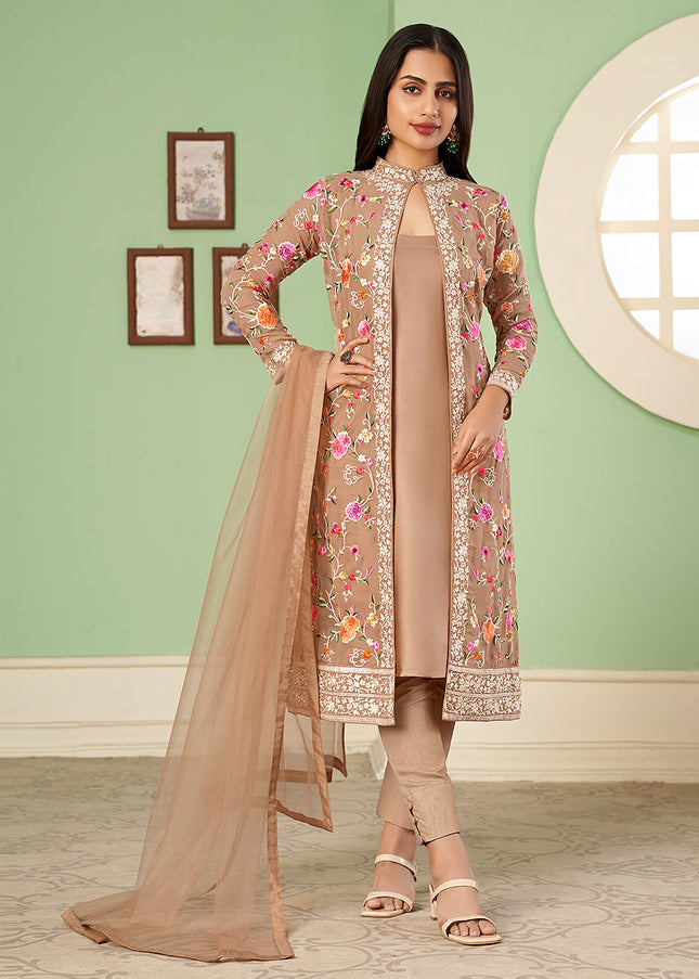 Brown Floral Embroidered Jacket Style Suit