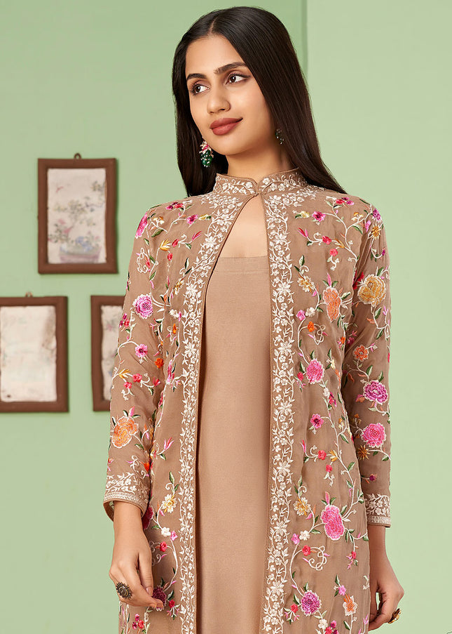 Brown Floral Embroidered Jacket Style Suit