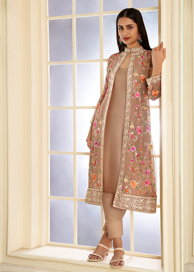 Brown Floral Embroidered Jacket Style Suit