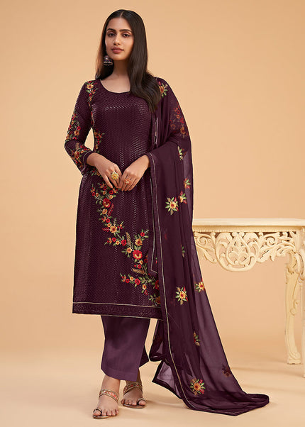 Purple Floral Embroidered Pant Style Suit