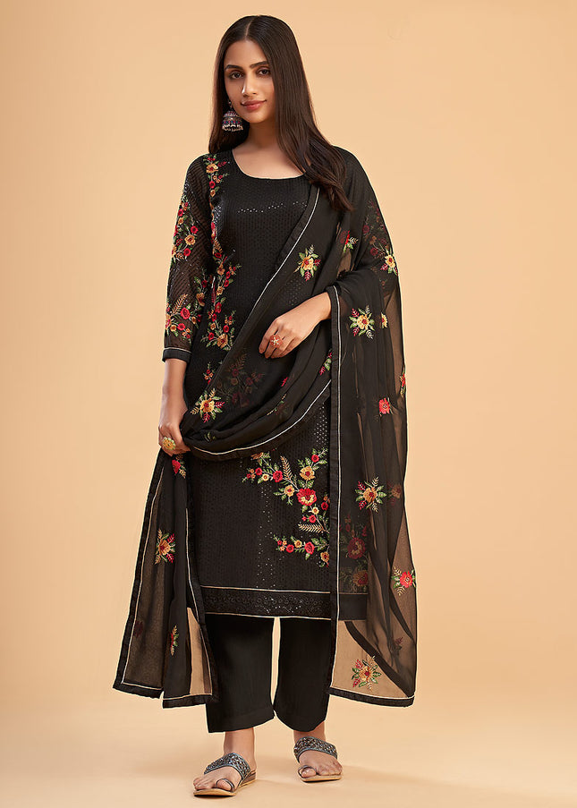 Black Floral Embroidered Pant Style Suit
