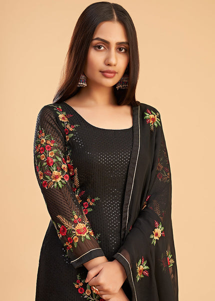 Black Floral Embroidered Pant Style Suit