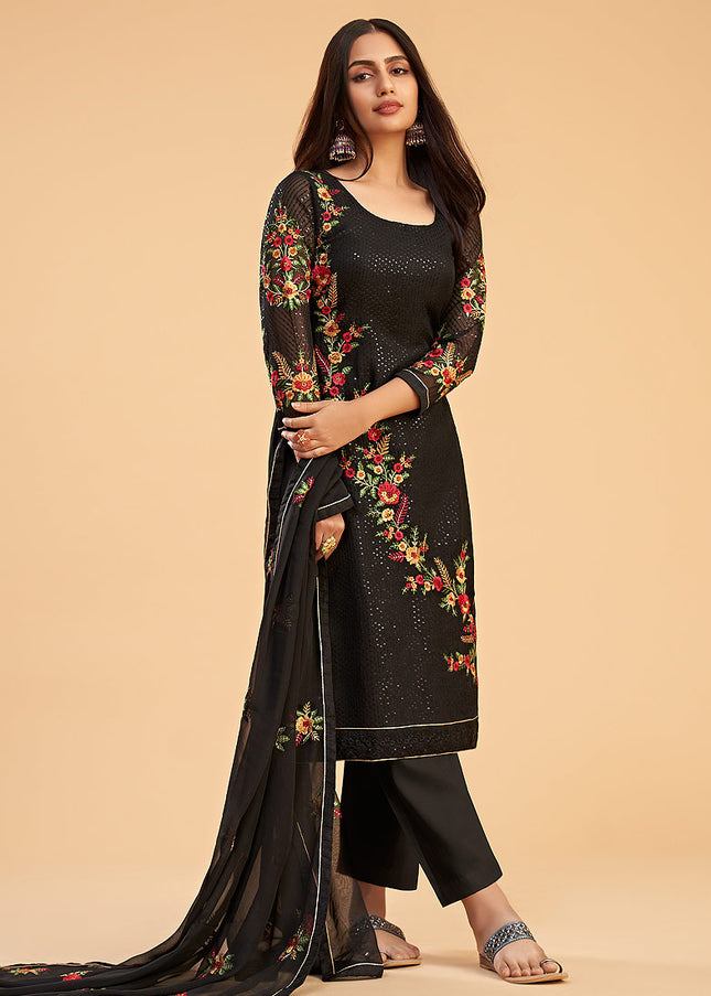 Black Floral Embroidered Pant Style Suit