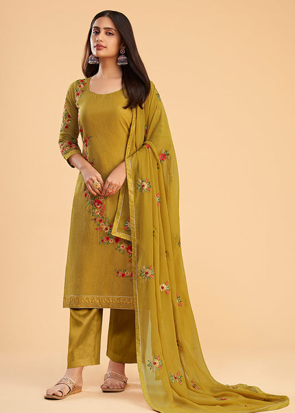 Mustard Floral Embroidered Pant Style Suit