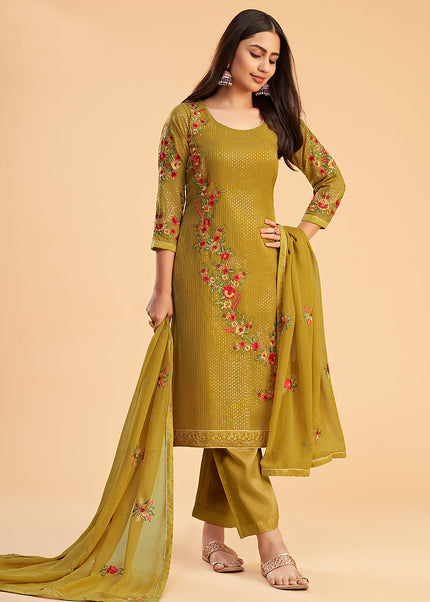 Mustard Floral Embroidered Pant Style Suit