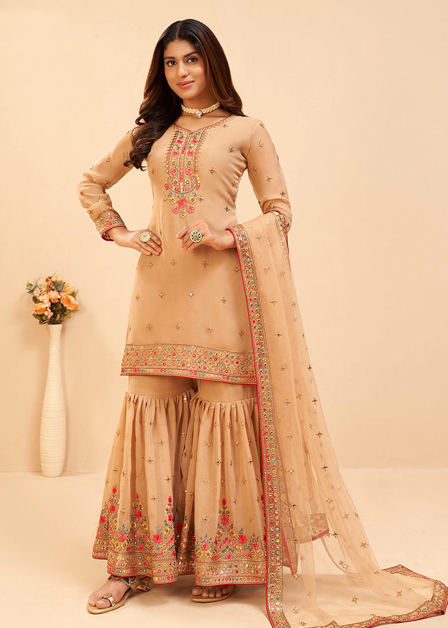 Beige Floral Embroidered Gharara Suit