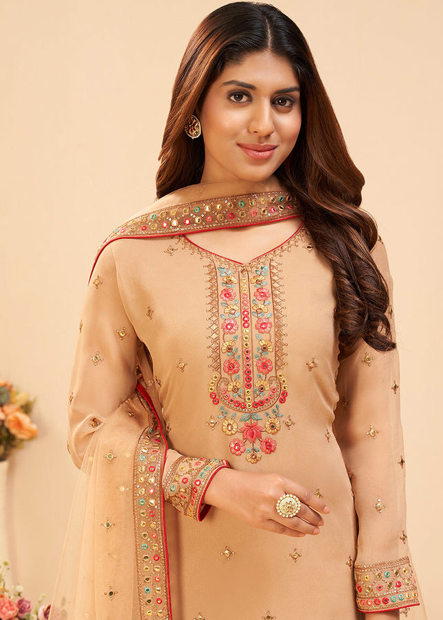 Beige Floral Embroidered Gharara Suit
