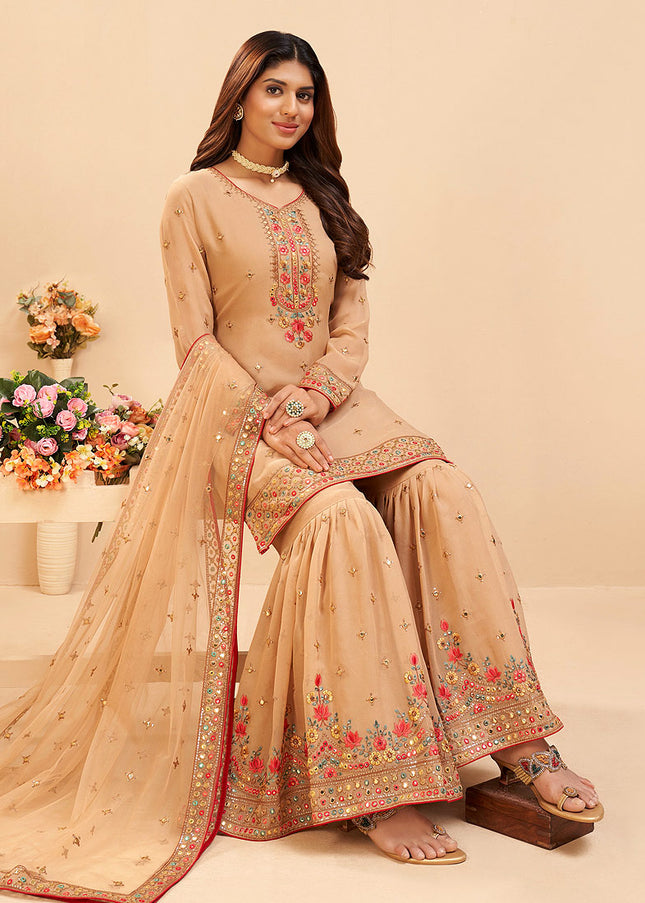 Beige Floral Embroidered Gharara Suit