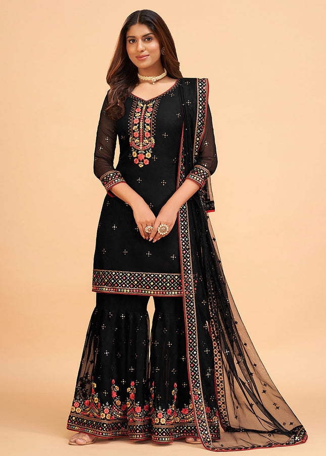 Black Floral Embroidered Gharara Suit