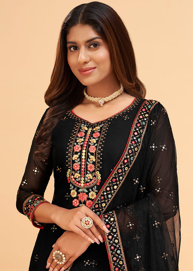 Black Floral Embroidered Gharara Suit